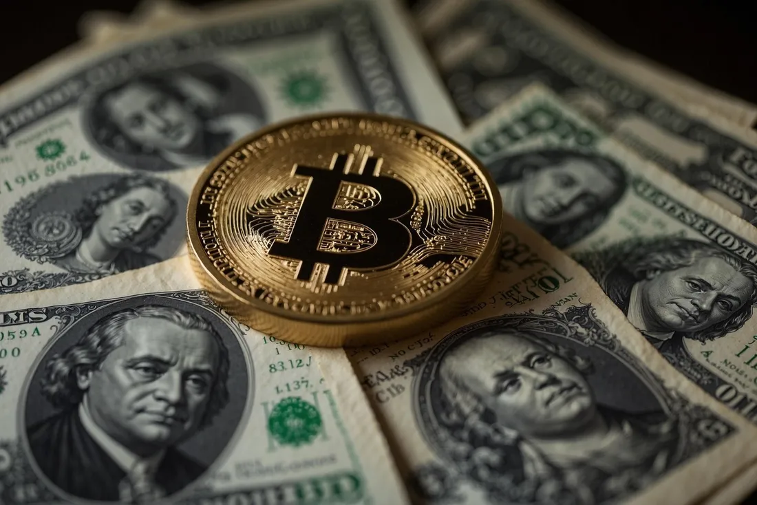 Monedhë bitcoin mbi kartëmonedha dollari